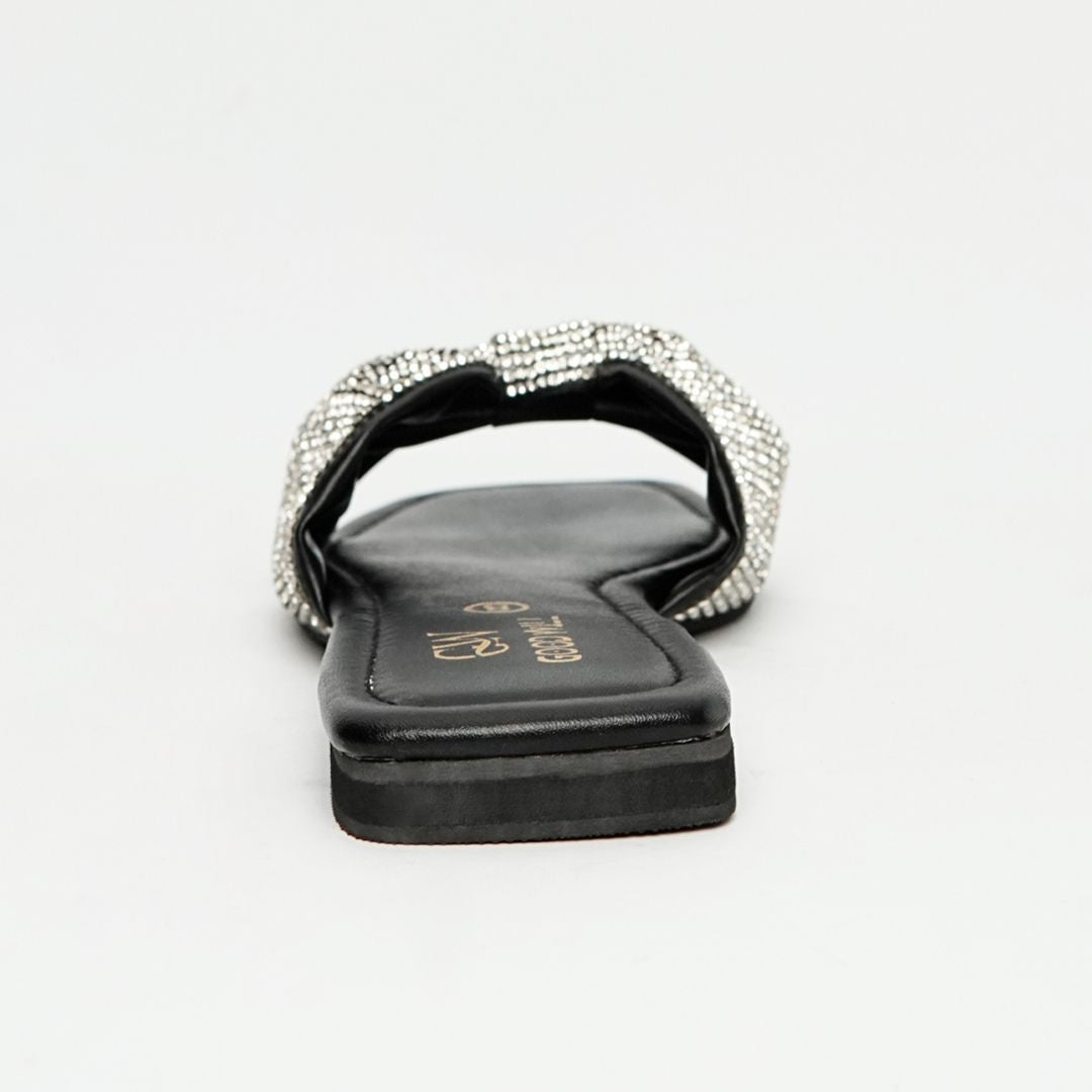 Rhinestone Strap Slippers Black