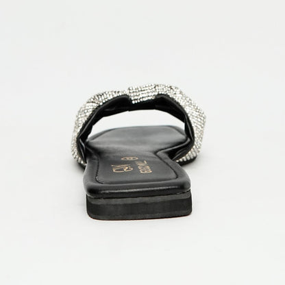 Rhinestone Strap Slippers Black