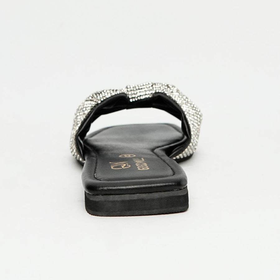 Rhinestone Strap Slippers Black