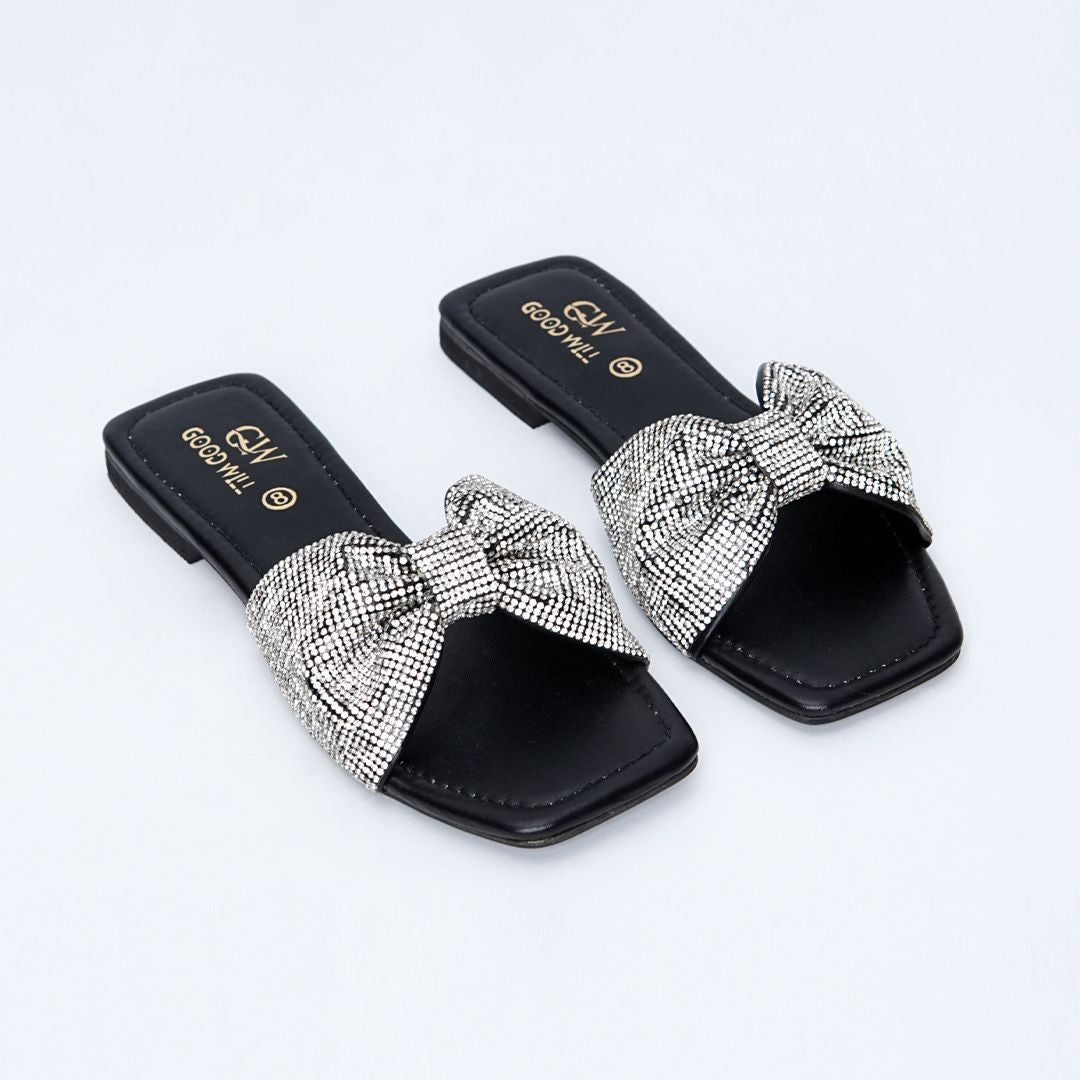 Rhinestone Strap Slippers Black