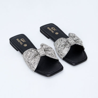 Rhinestone Strap Slippers Black
