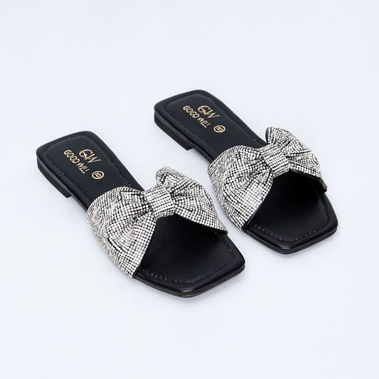 Rhinestone Strap Slippers Black