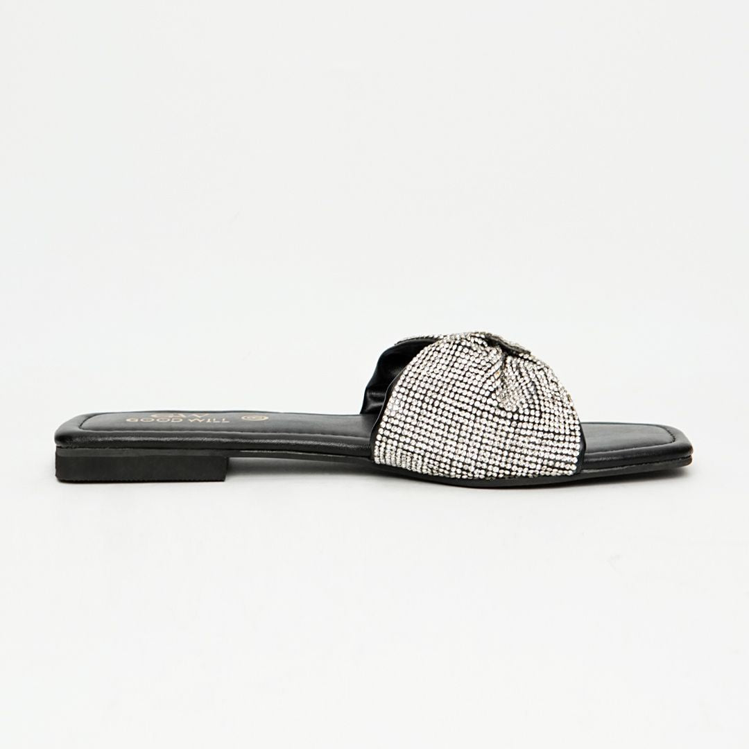 Rhinestone Strap Slippers Black