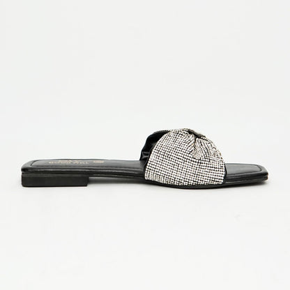 Rhinestone Strap Slippers Black