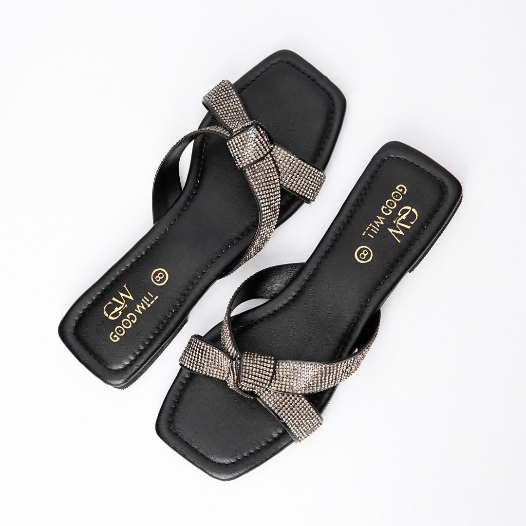 Rhinestone Knot Slippers Black