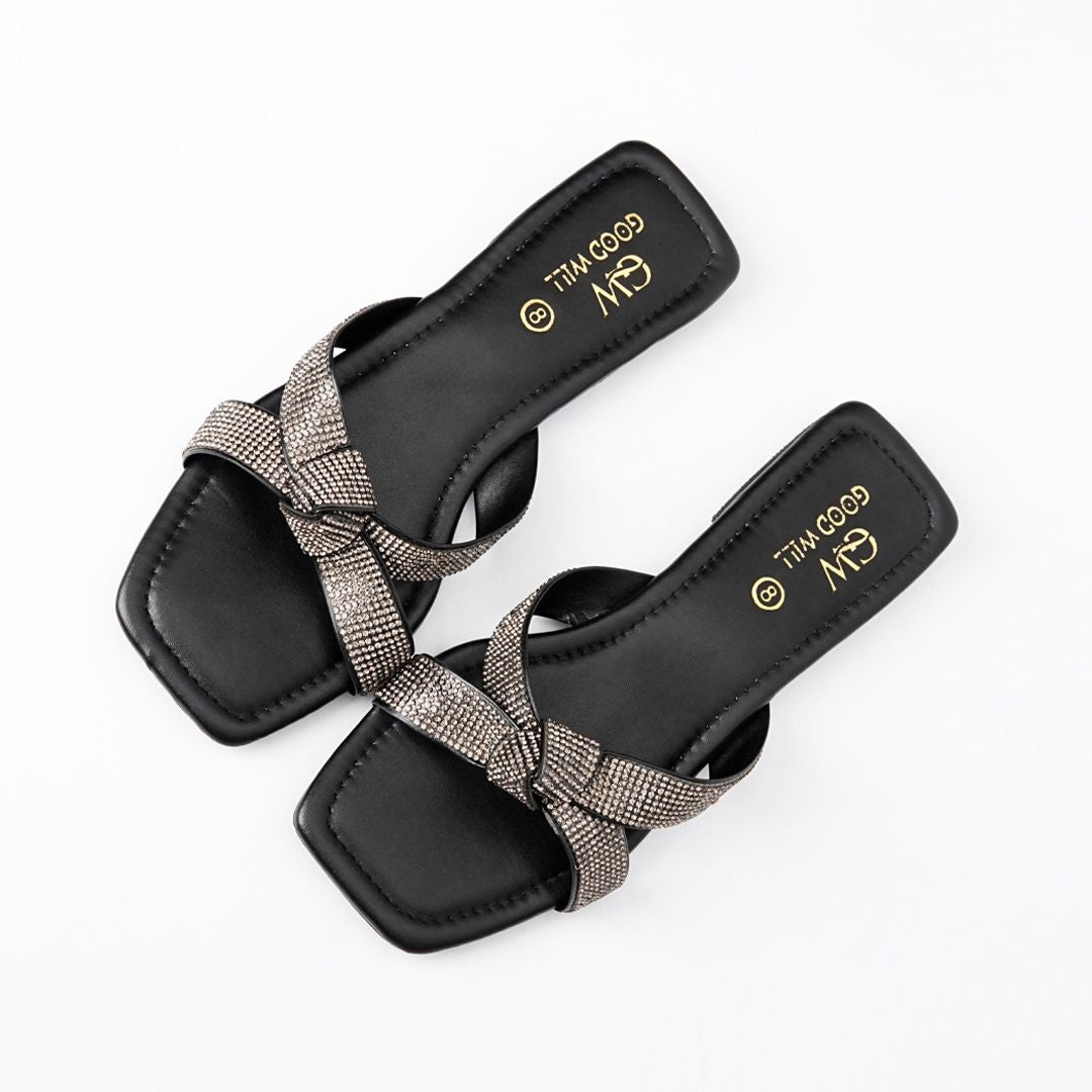 Rhinestone Knot Slippers Black