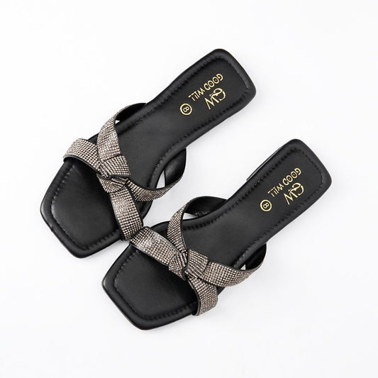 Rhinestone Knot Slippers Black