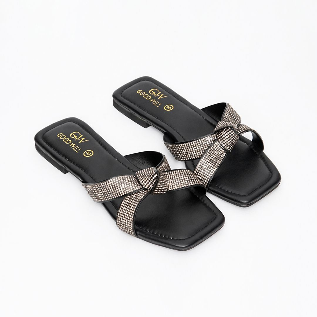Rhinestone Knot Slippers Black