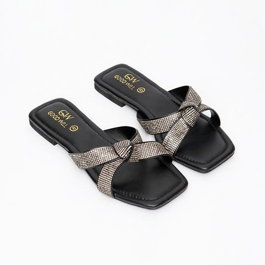 Rhinestone Knot Slippers Black
