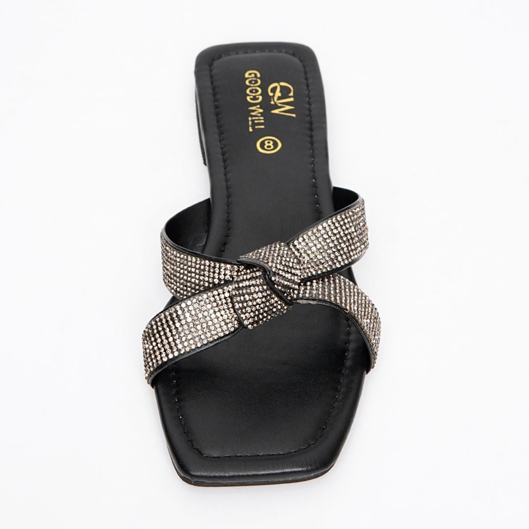 Rhinestone Knot Slippers Black