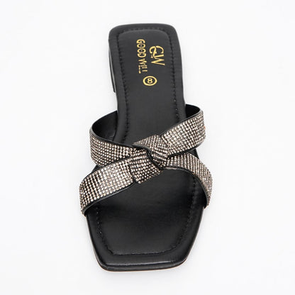 Rhinestone Knot Slippers Black