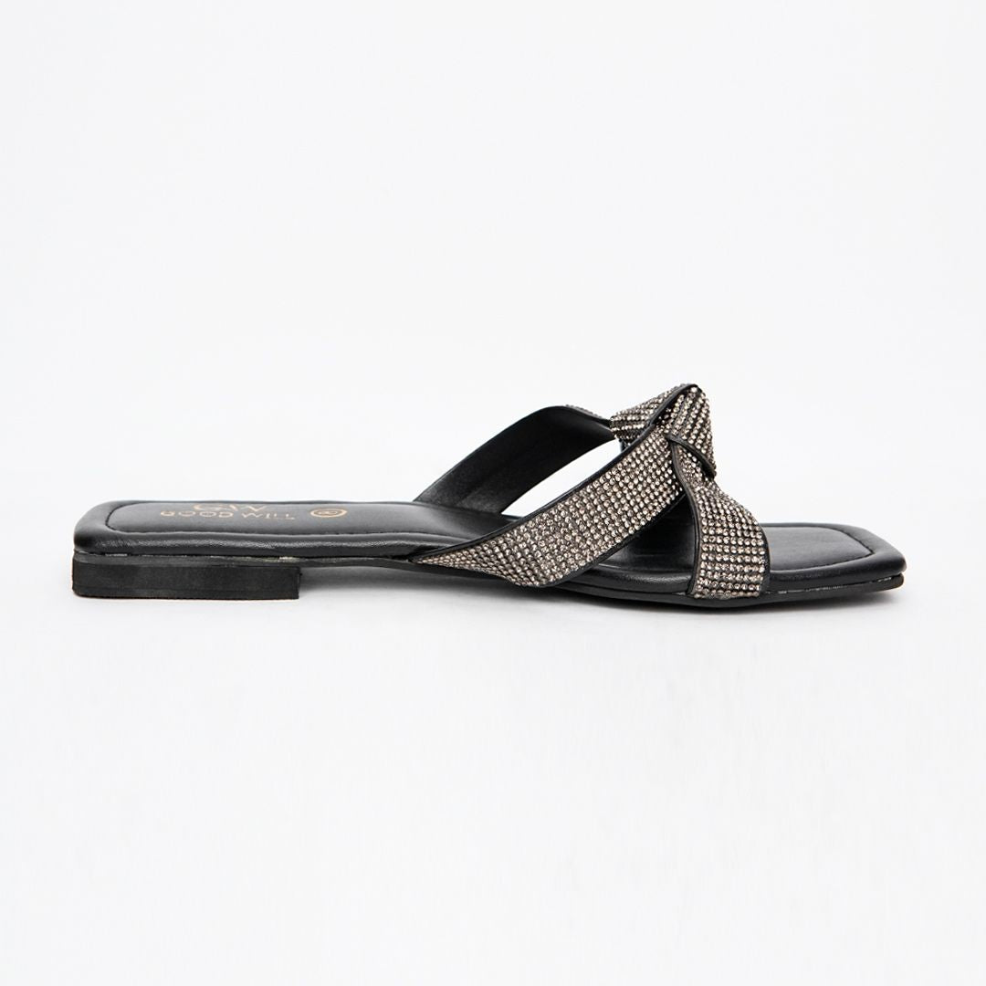 Rhinestone Knot Slippers Black