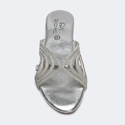 Silver Rhinestone Curve Stripe Slippers