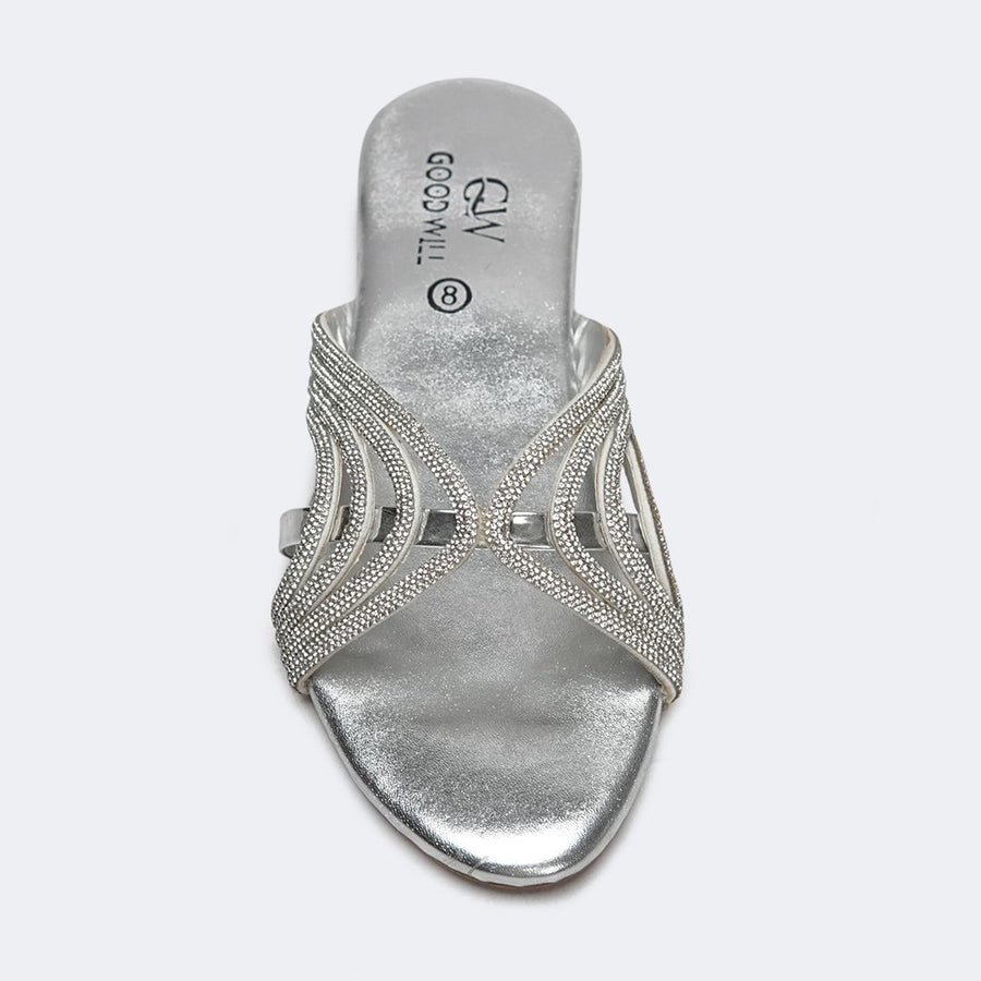 Silver Rhinestone Curve Stripe Slippers