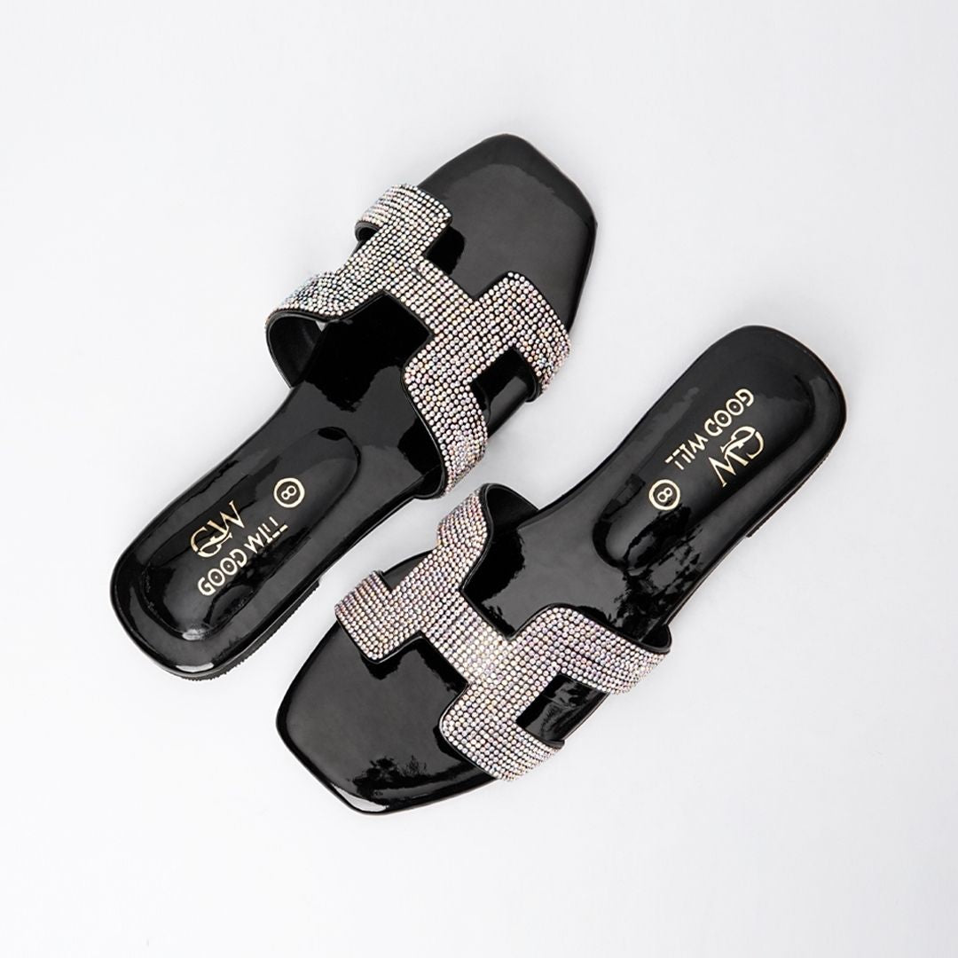 H Rhinestone Slippers Black