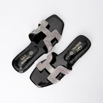 H Rhinestone Slippers Black