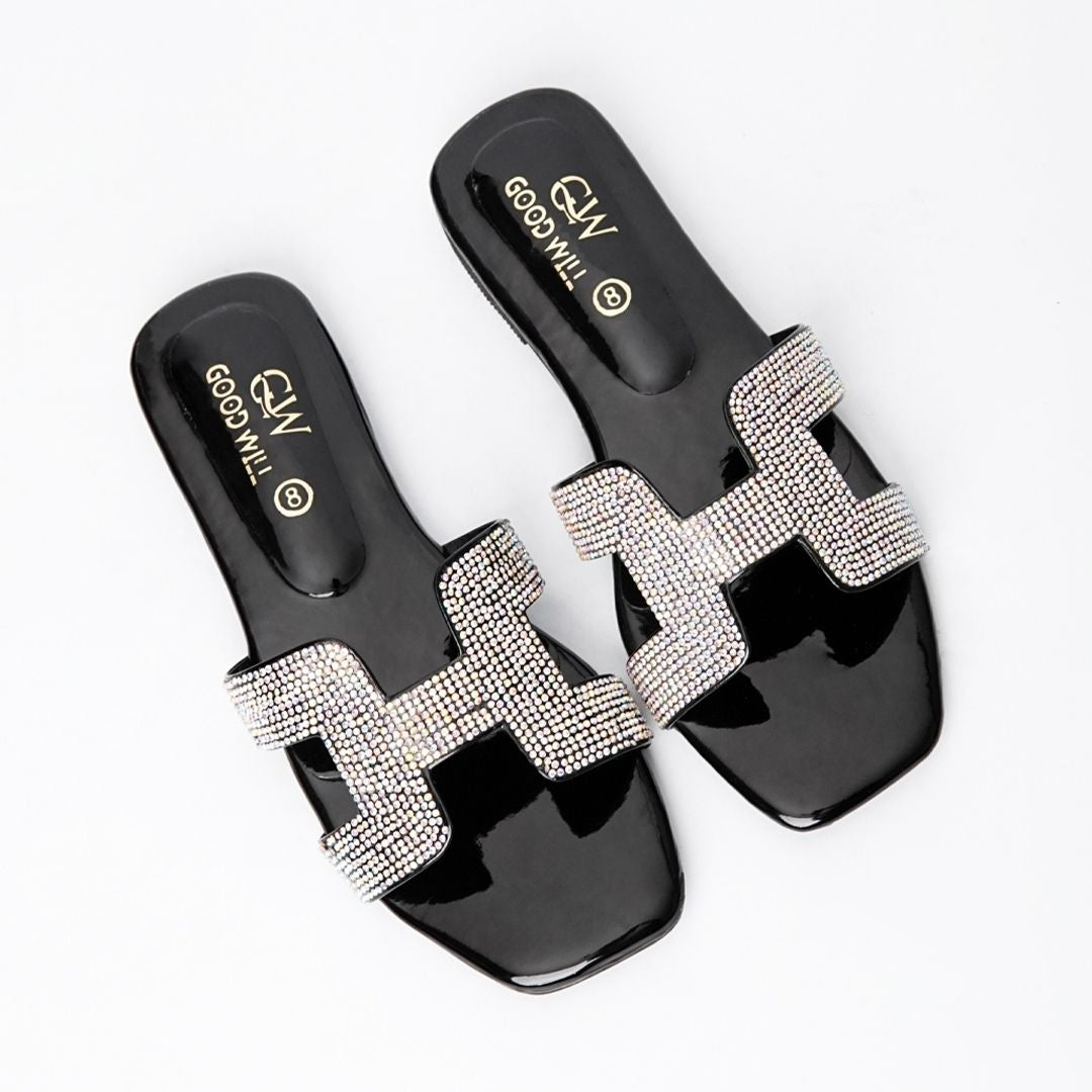 H Rhinestone Slippers Black