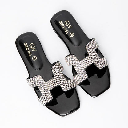 H Rhinestone Slippers Black