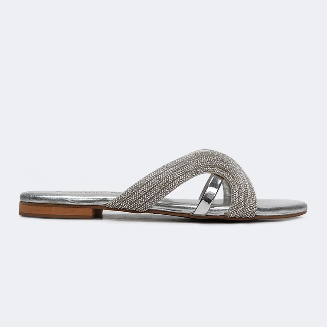 Silver Rhinestone Curve Stripe Slippers