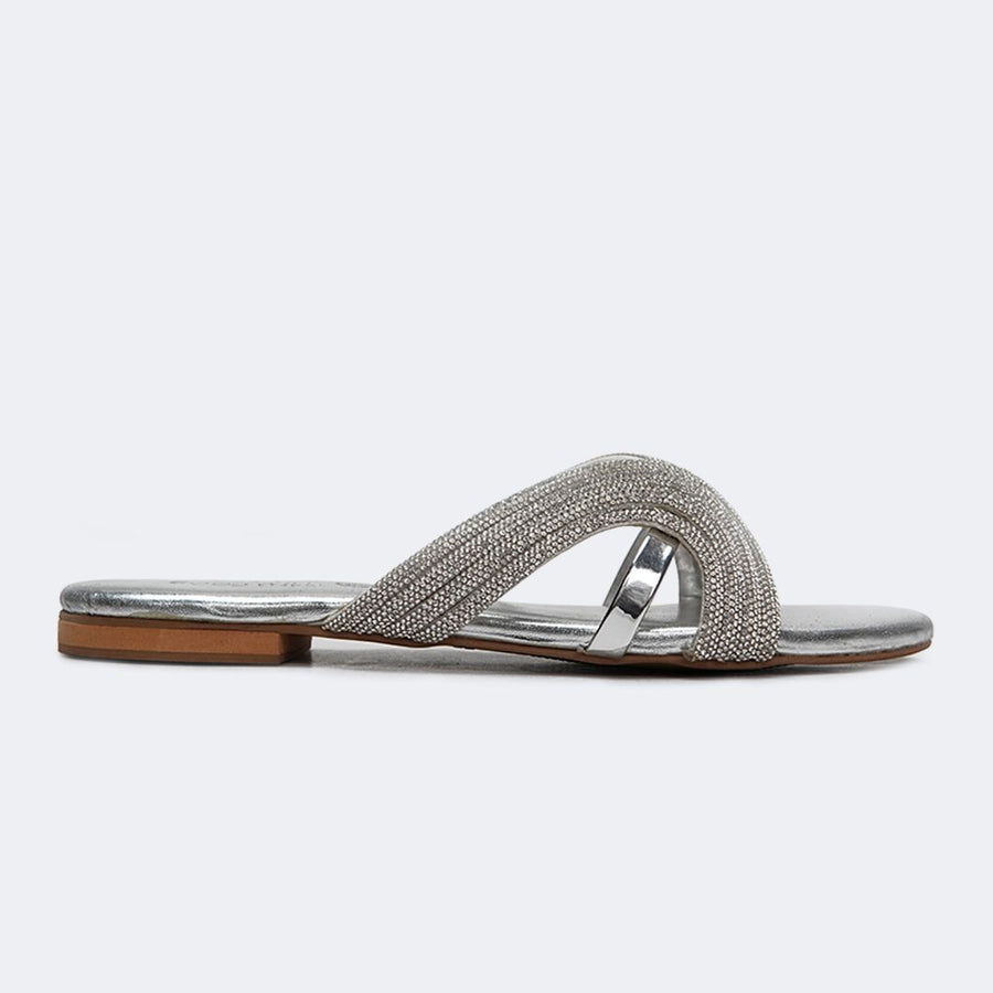 Silver Rhinestone Curve Stripe Slippers