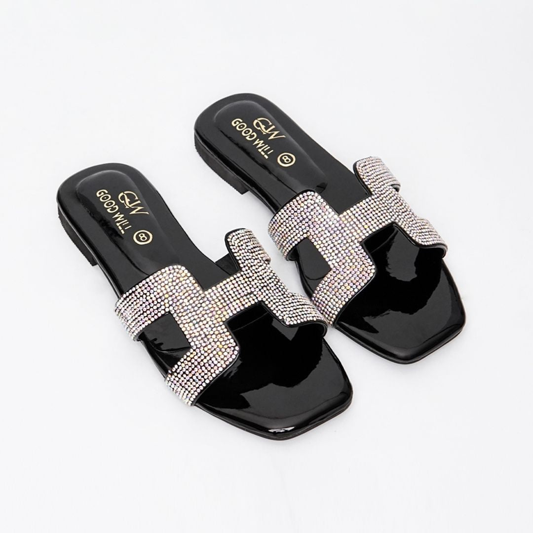 H Rhinestone Slippers Black