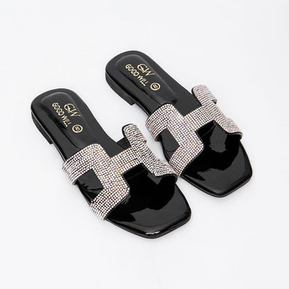 H Rhinestone Slippers Black