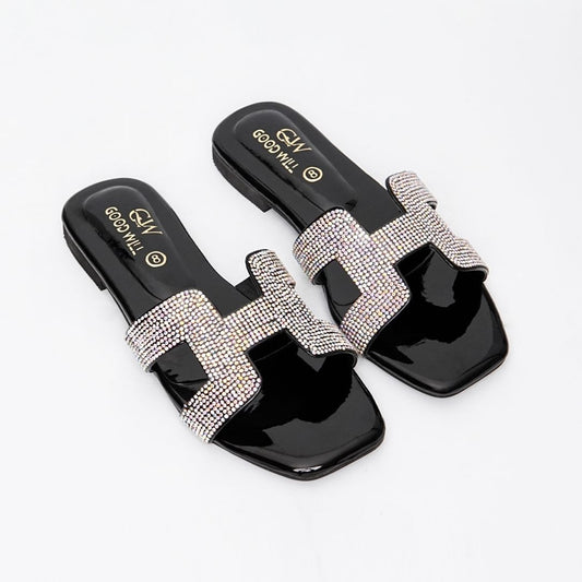 H Rhinestone Slippers Black