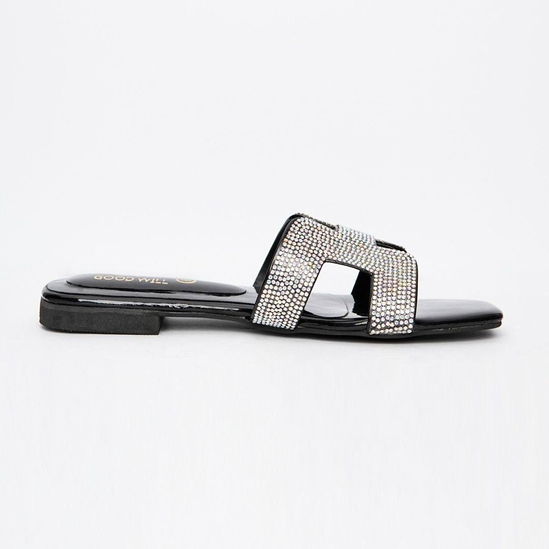 H Rhinestone Slippers Black