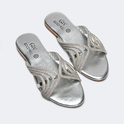 Silver Rhinestone Curve Stripe Slippers
