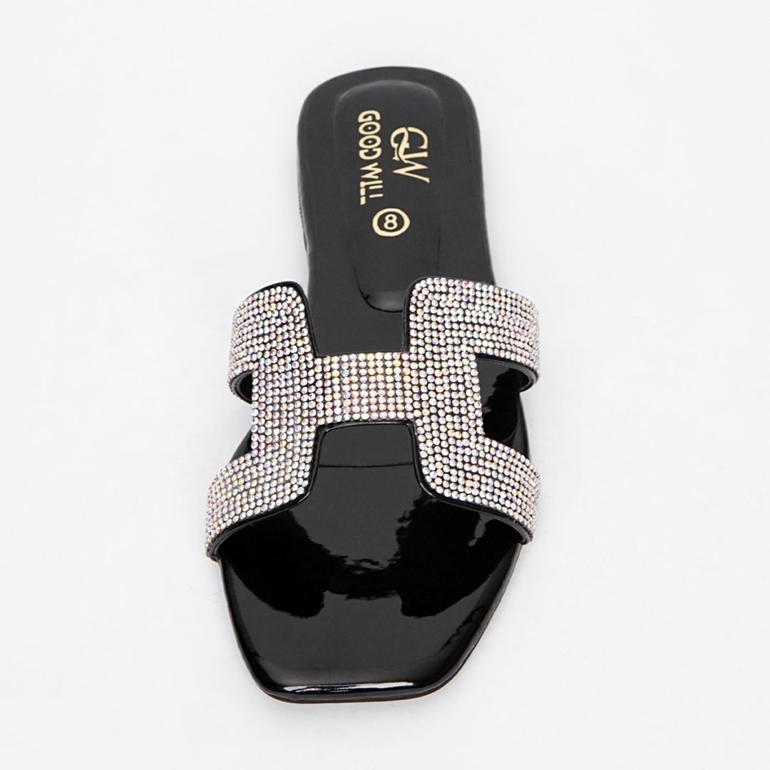 H Rhinestone Slippers Black