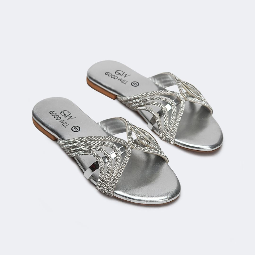 Silver Rhinestone Curve Stripe Slippers