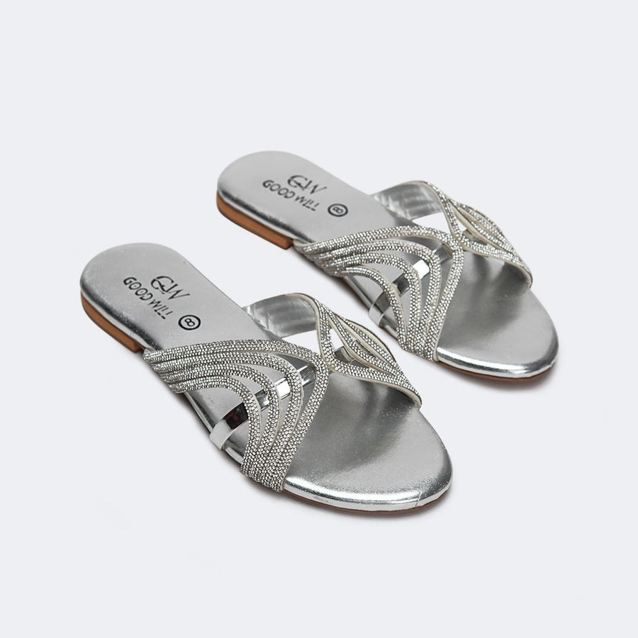 Silver Rhinestone Curve Stripe Slippers