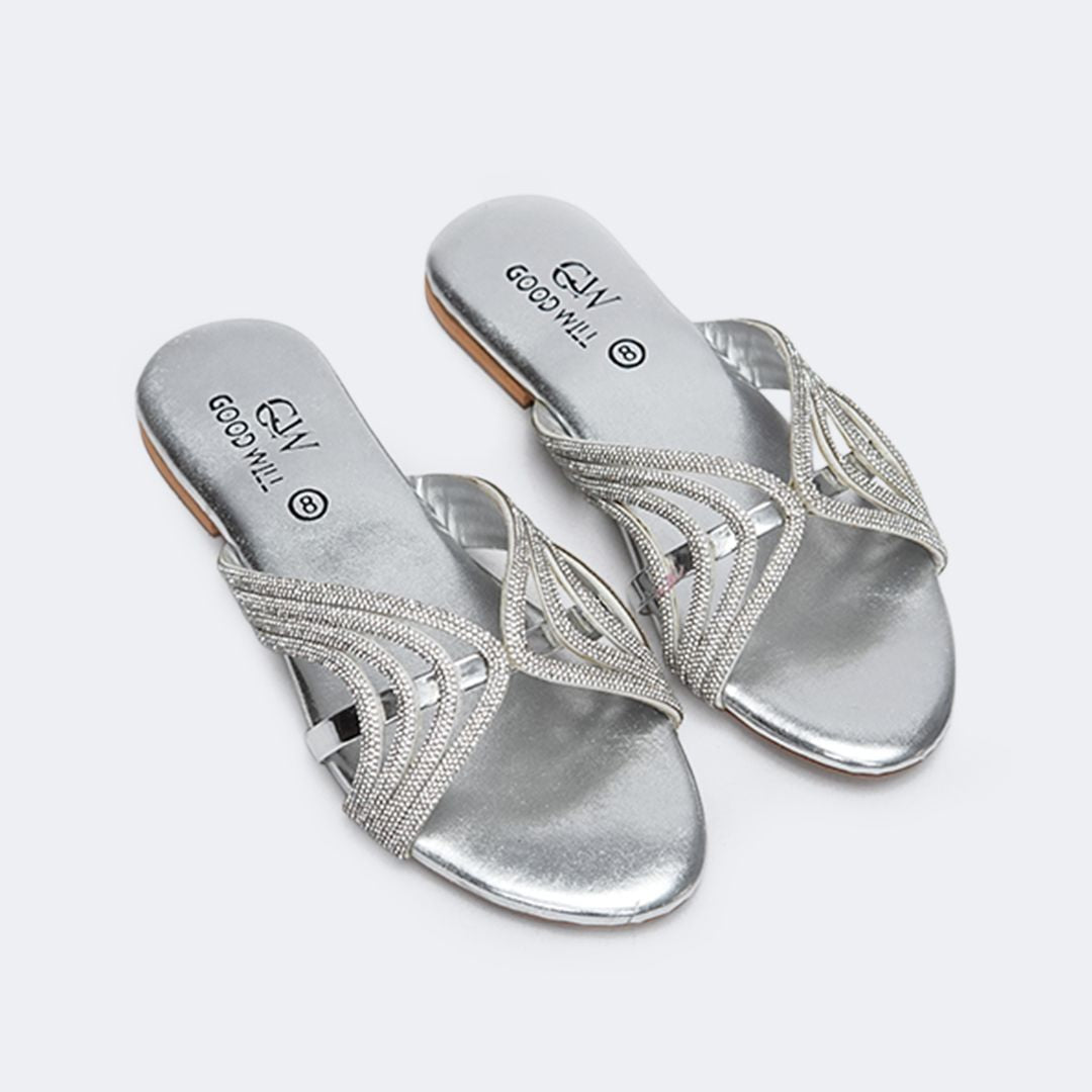 Silver Rhinestone Curve Stripe Slippers
