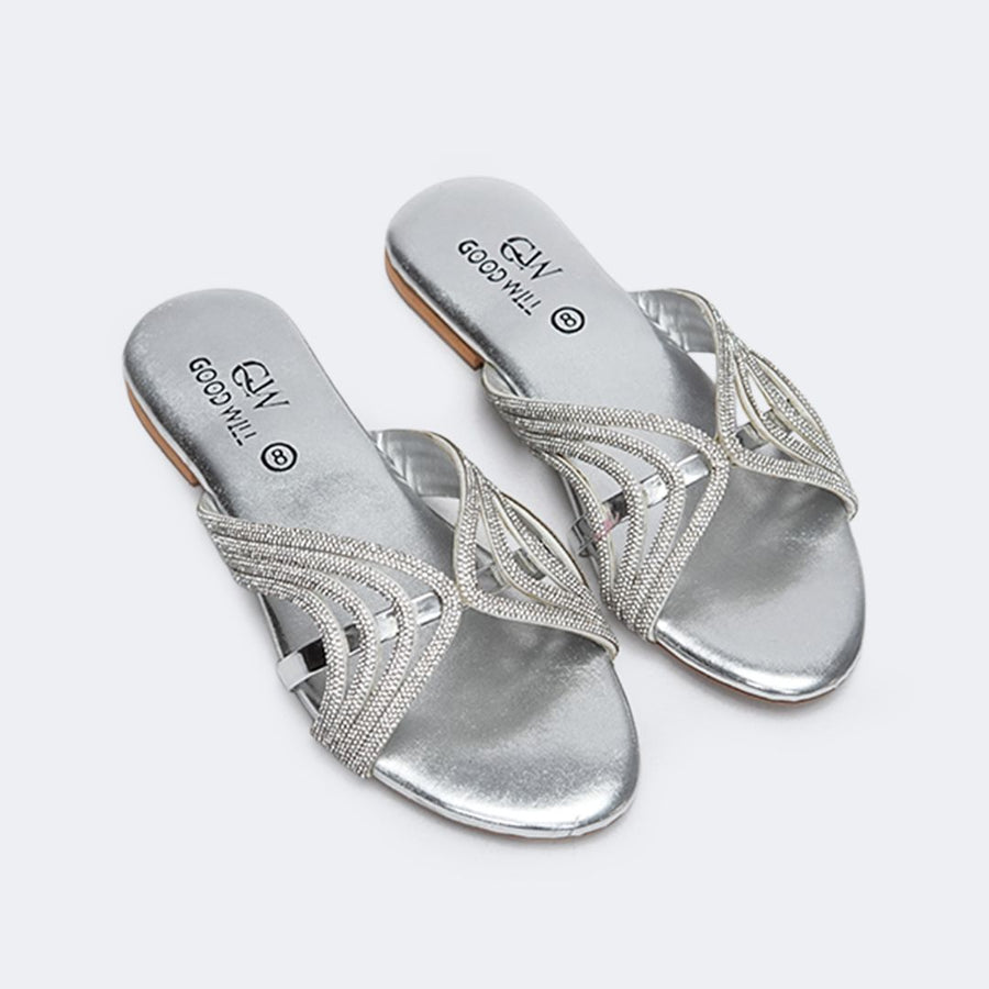 Silver Rhinestone Curve Stripe Slippers