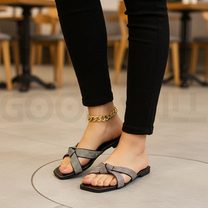 Rhinestone Knot Slippers Black