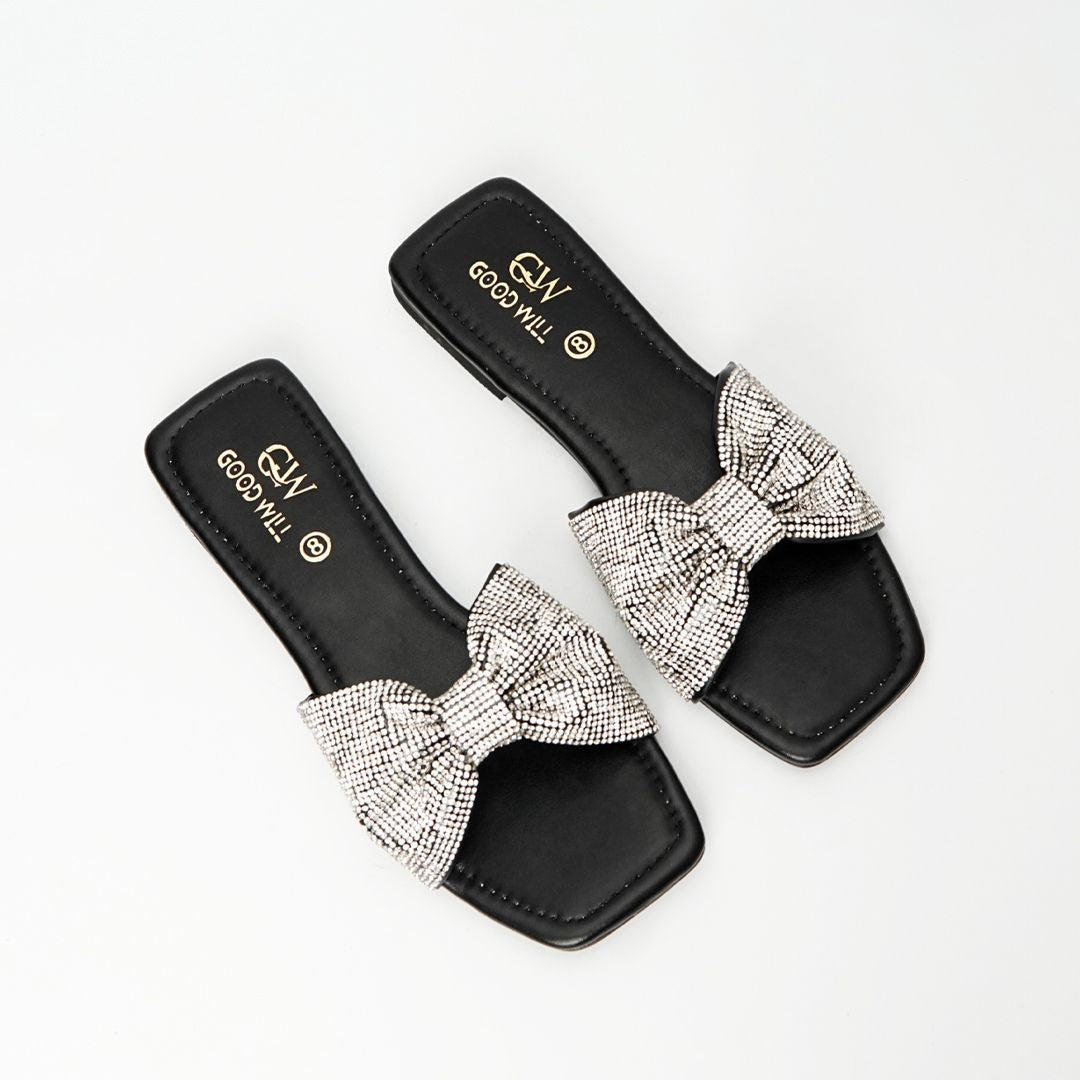 Rhinestone Strap Slippers Black