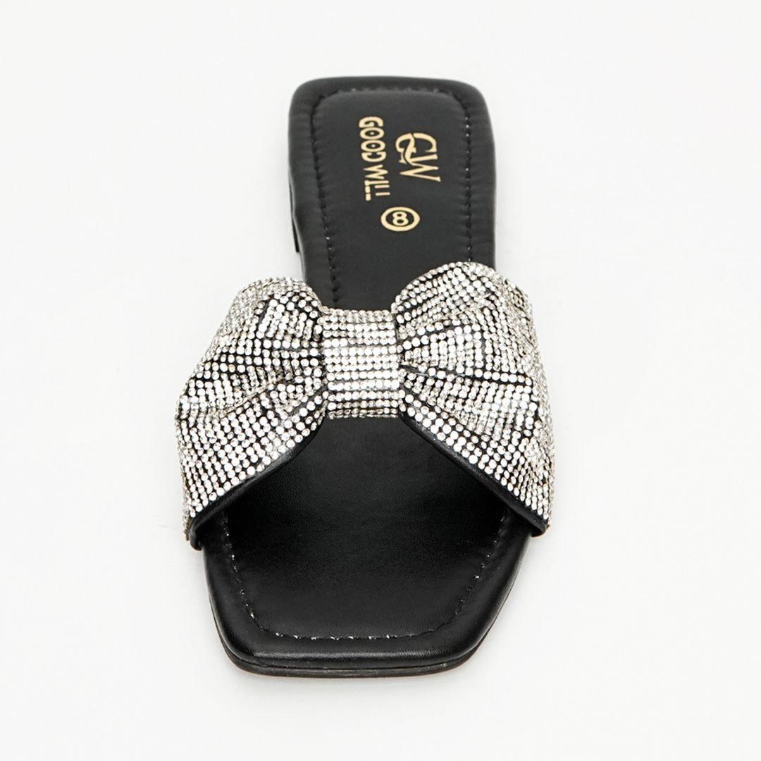 Rhinestone Strap Slippers Black