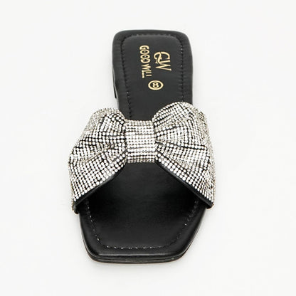 Rhinestone Strap Slippers Black