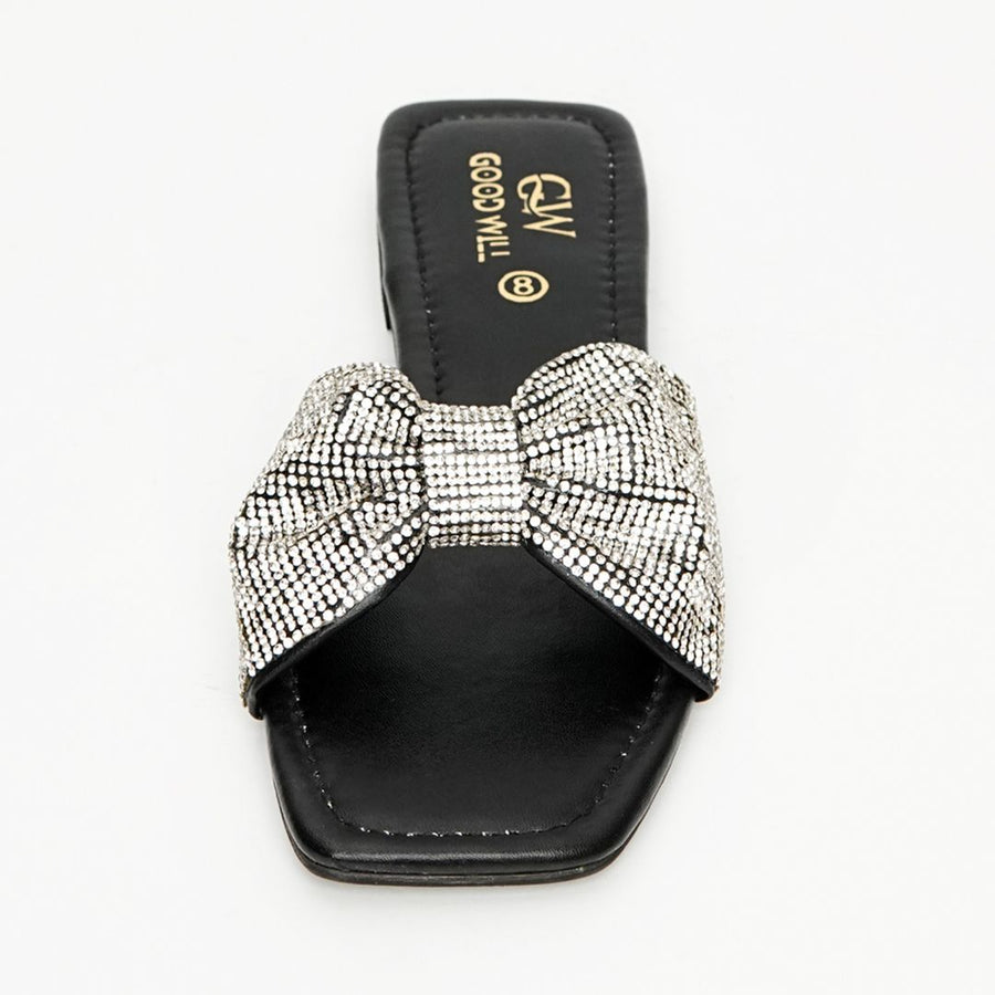 Rhinestone Strap Slippers Black